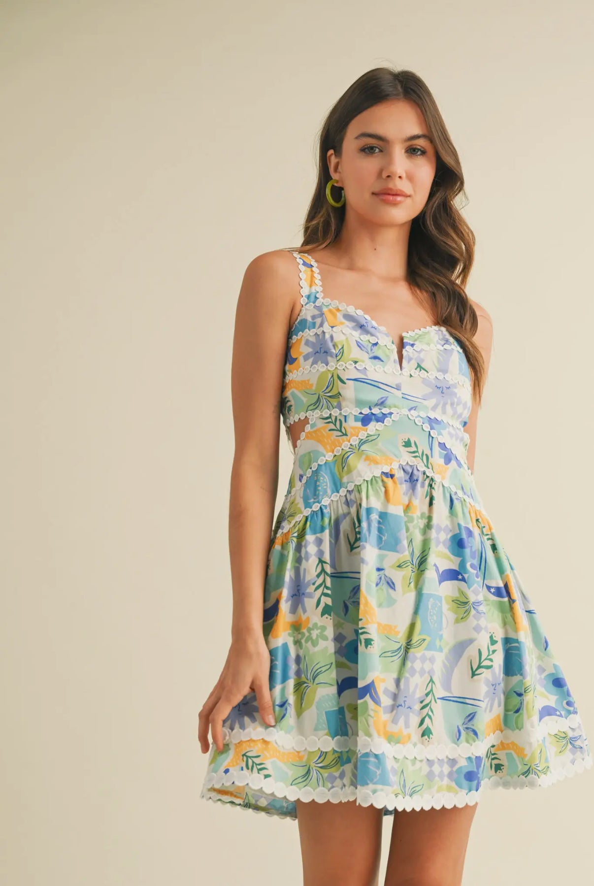 Blue Multi Cut Out Lace Trim Mini Dress