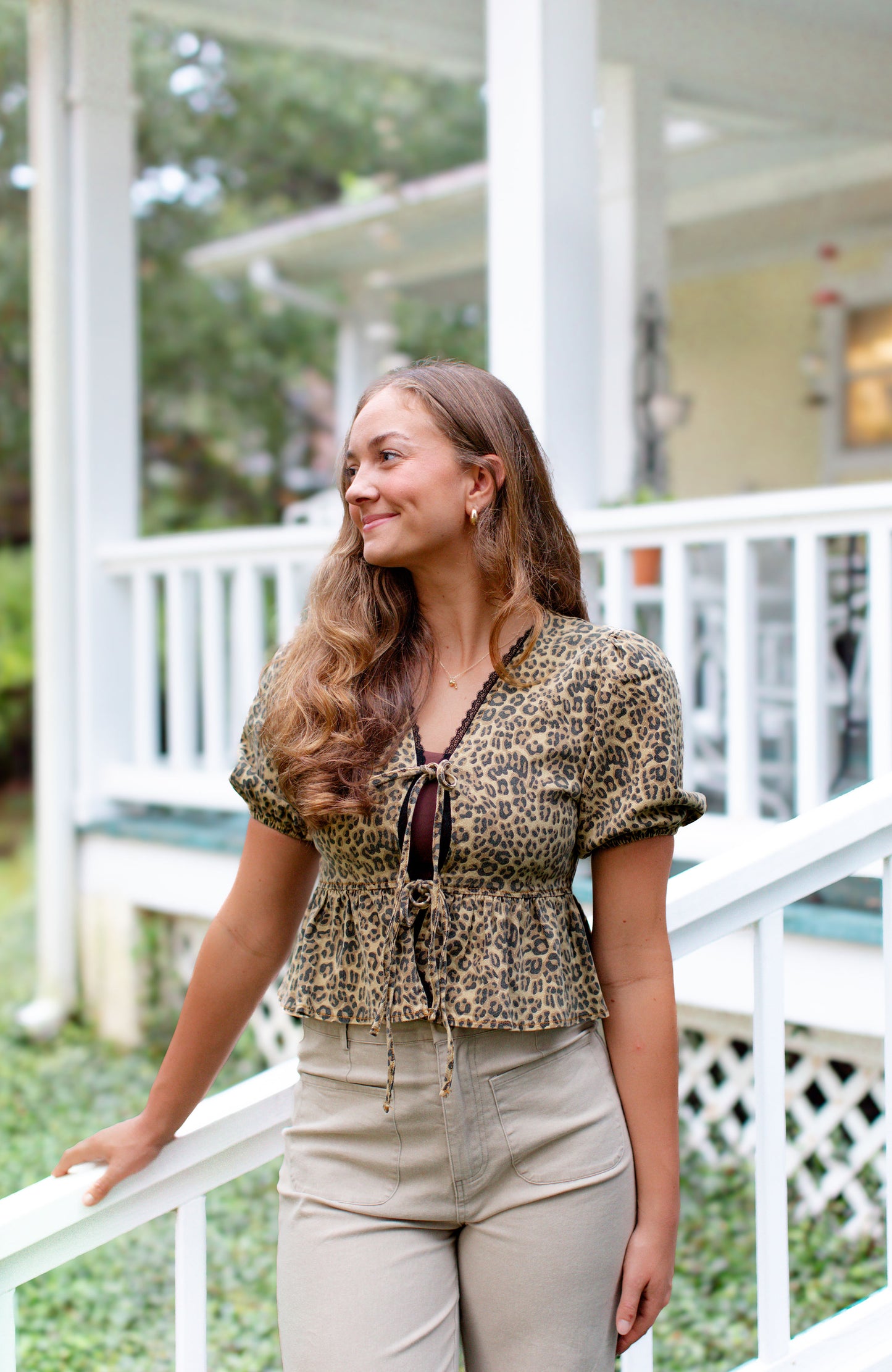 Leopard Printed Denim V-Neck Baby Doll Blouse