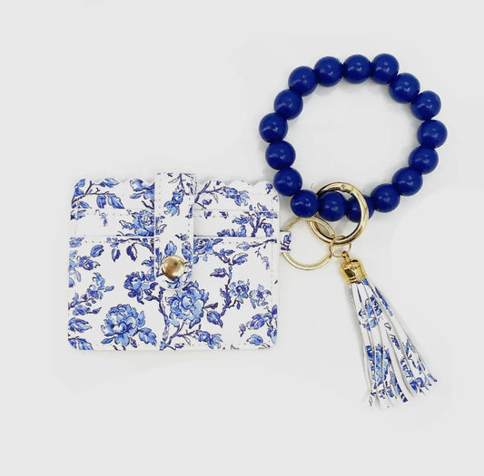 Blue Flower Beaded Id Wristlet Wallet