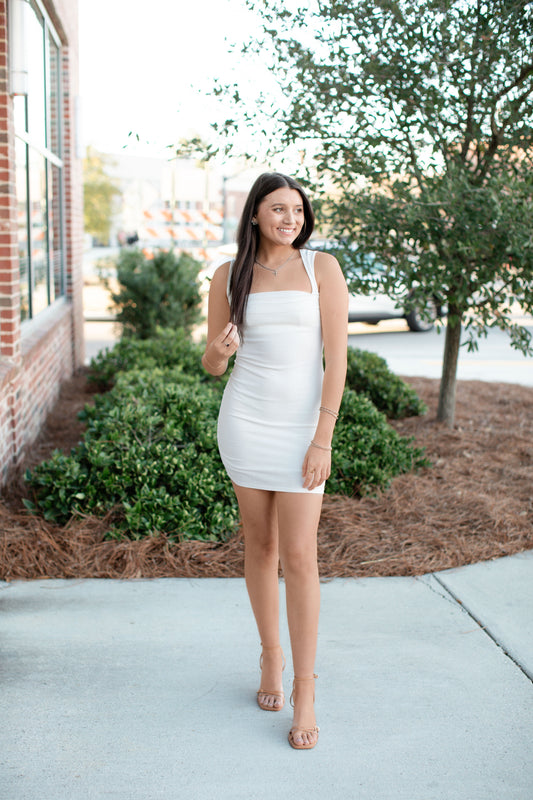 Pleated Cowl Neck Bodycon Mini Dress-Off White