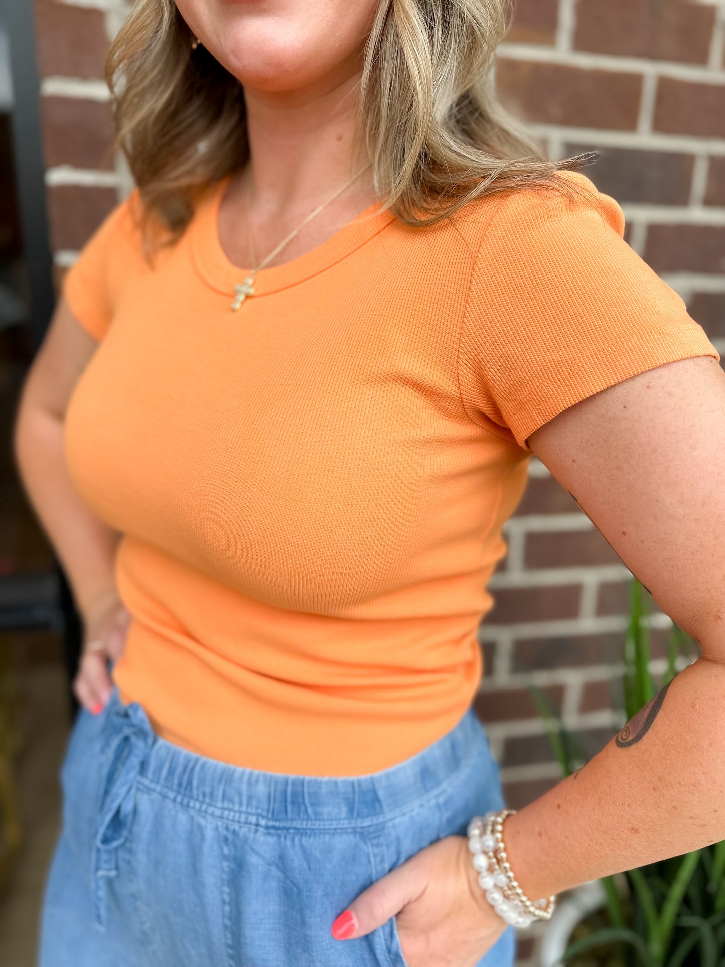Tencel Rib Crew Neck T-Shirt - Orange