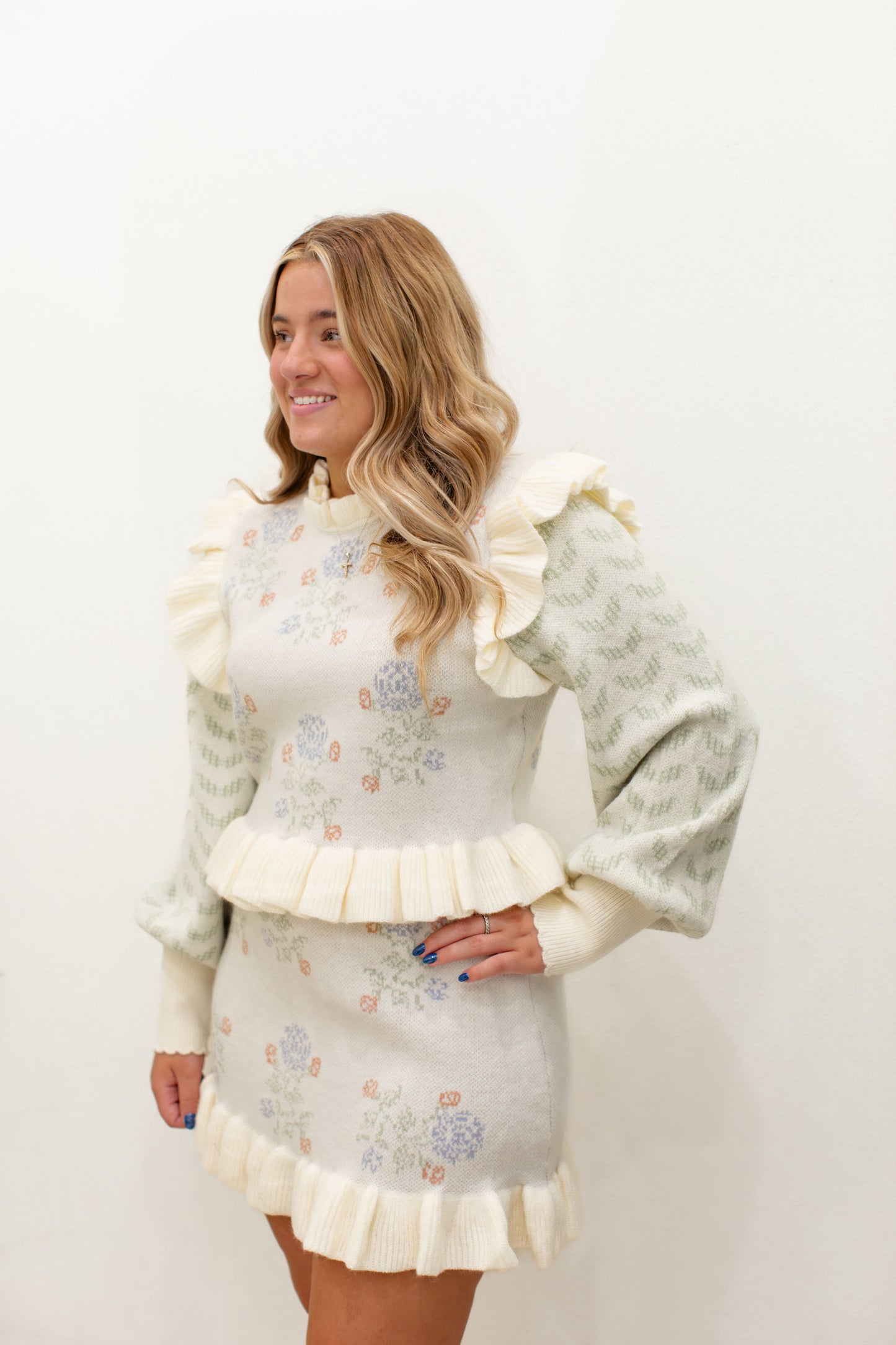 Floral Knit Top And Mini Skirt Set