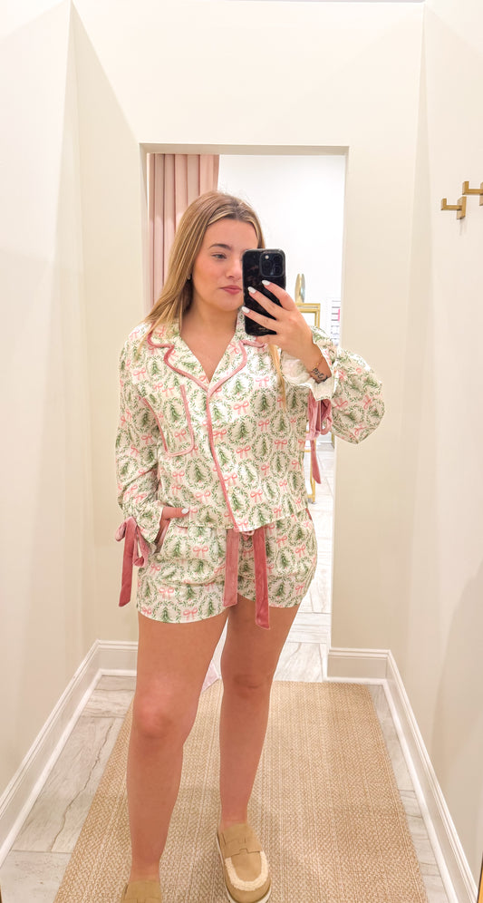Satin Christmas Tree & Bow With Velvet Piping Pajama Set