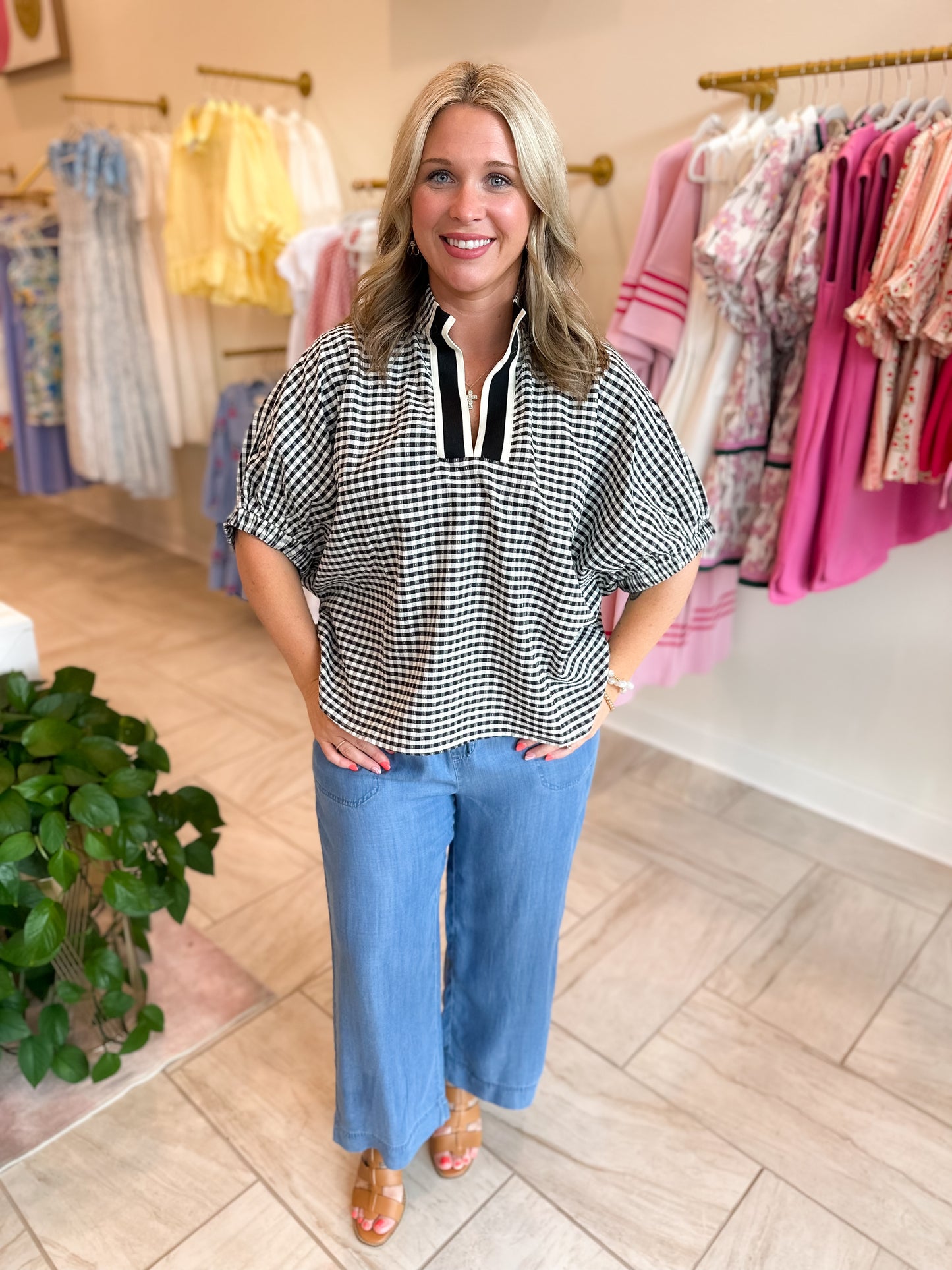 Gingham Short Dolman Sleeve Top  - Black