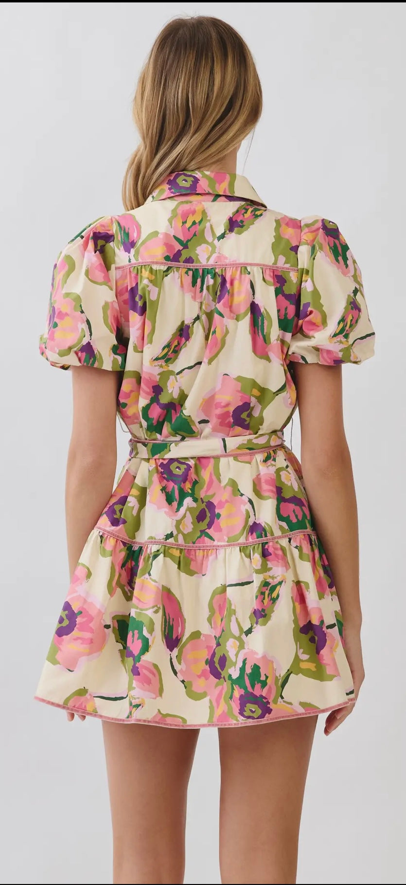 Floral Print Puff Sleeve Belted Dress