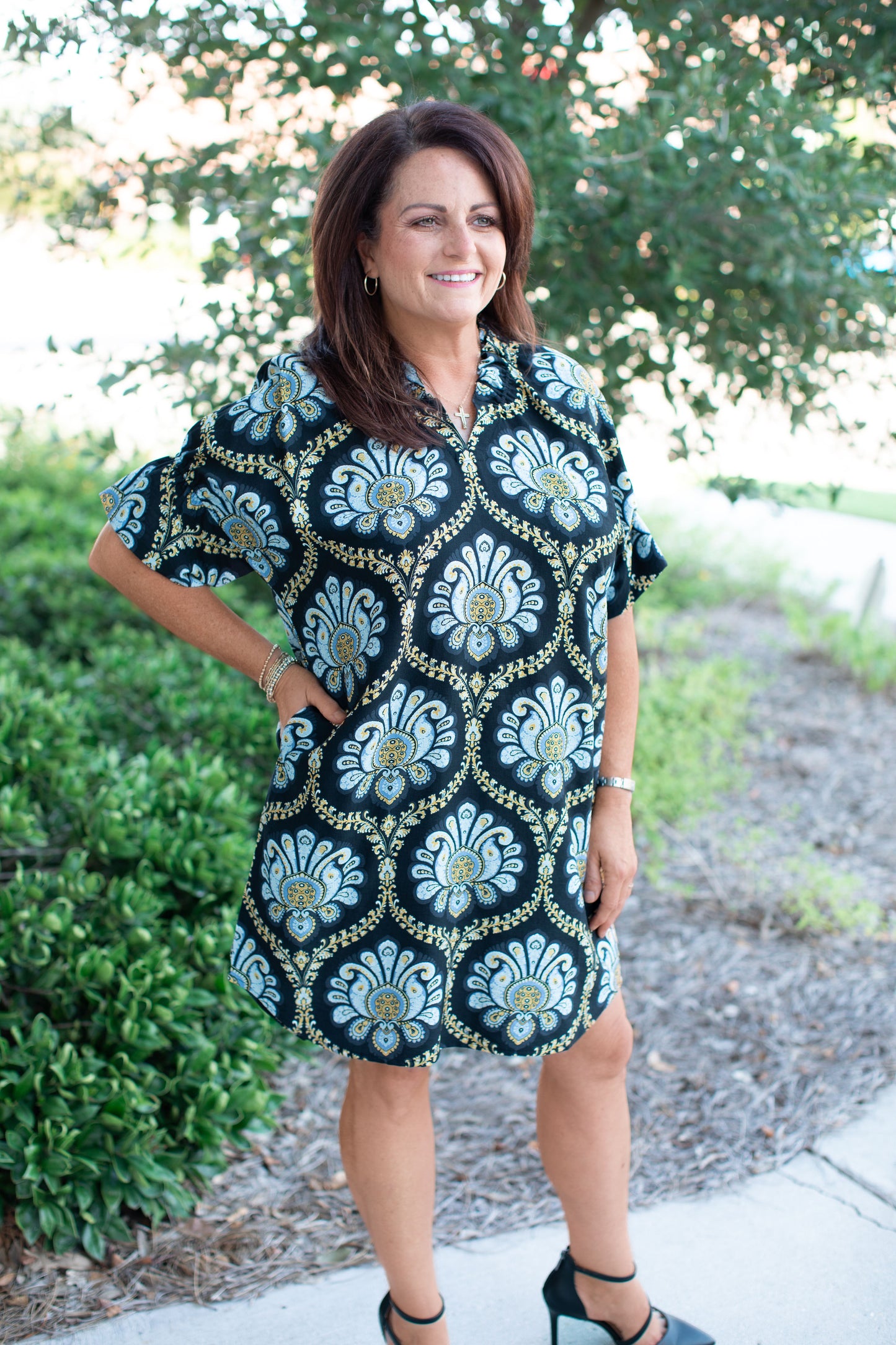 Print Ruffle V-Neck Dress