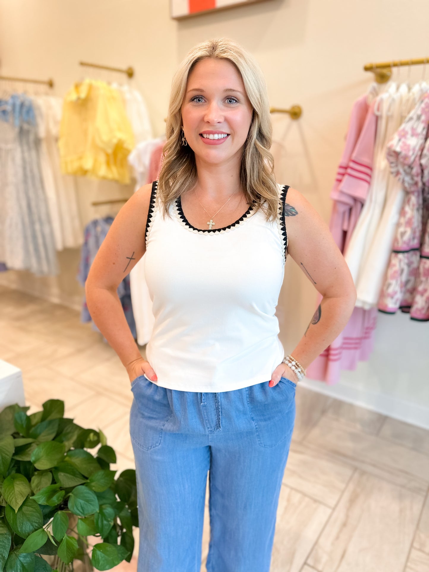 Interlock Knit Tank Top With Crochet Detail