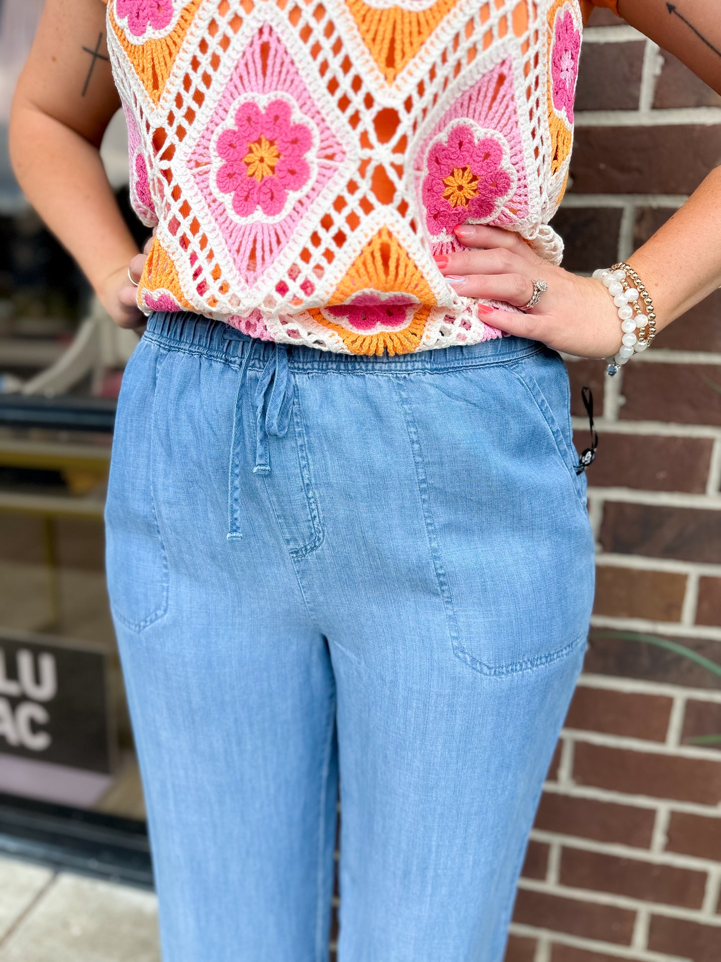 Medium Wash Tencel Wide Leg Jogger Pants