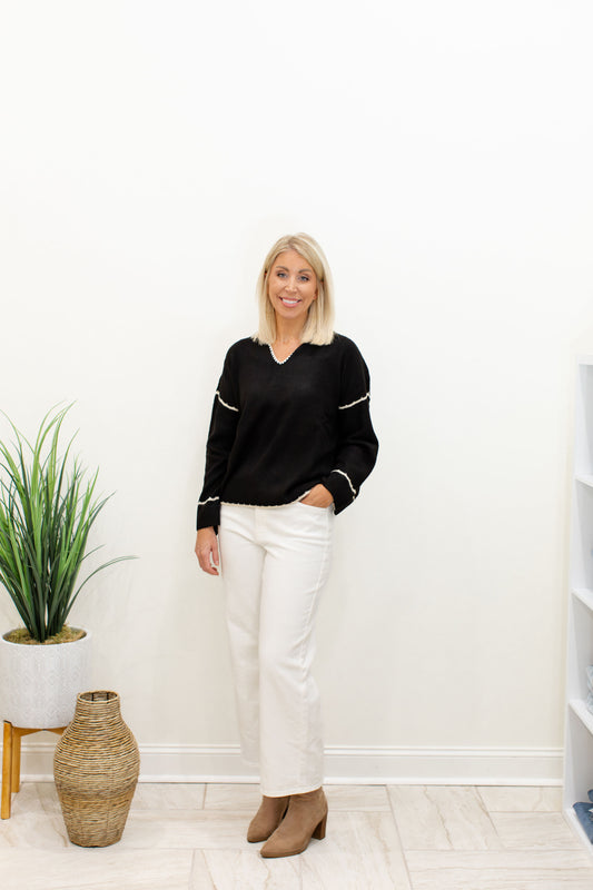 Ribbed V-Neck Notched Soutache Sweater