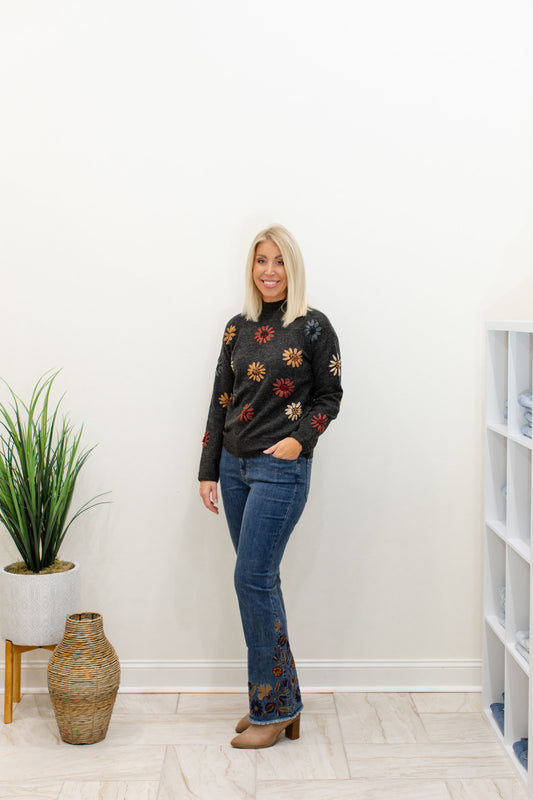 Charcoal Mock Neck Sweater With Floral Embroidery
