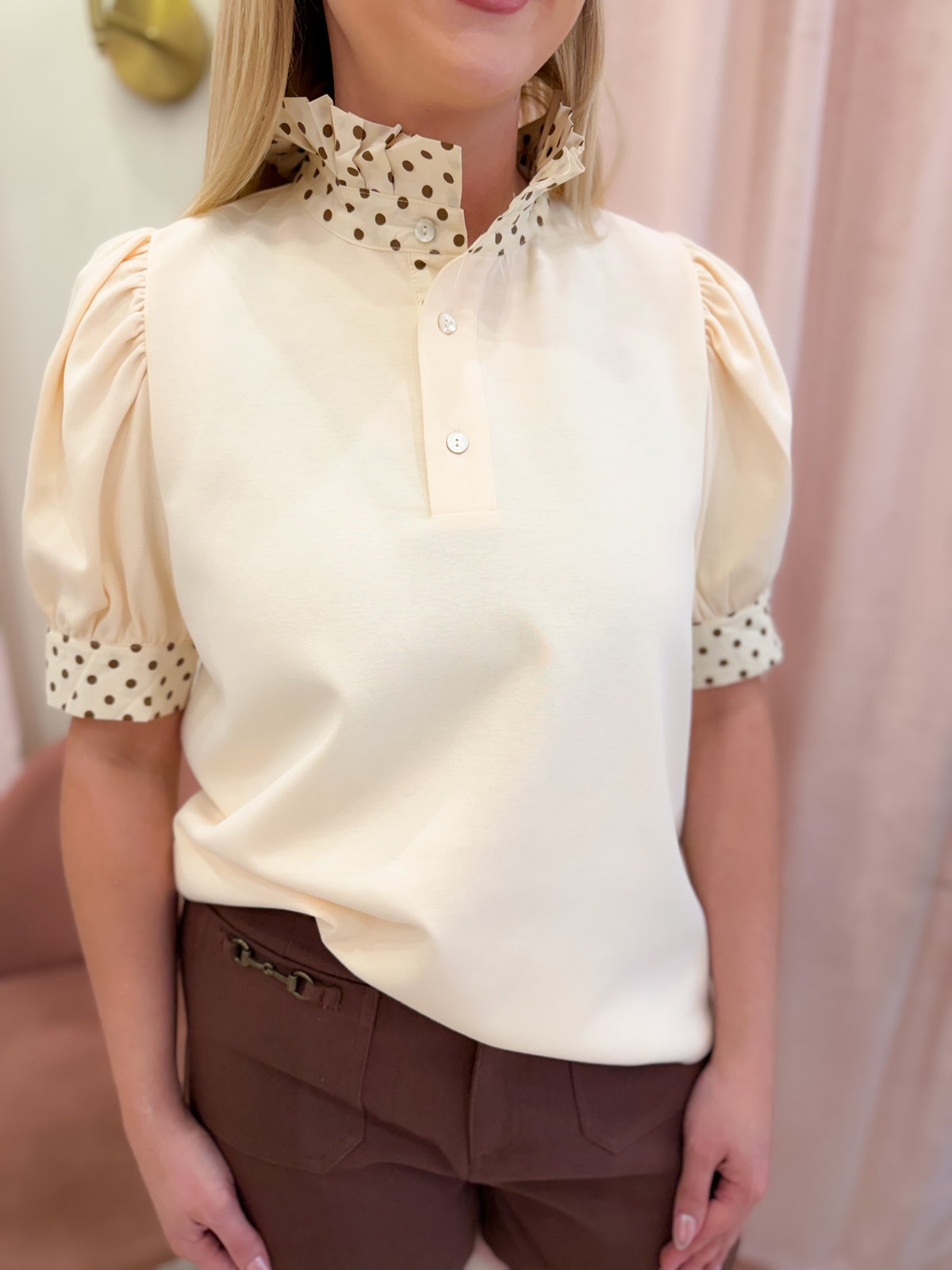 Ecru Puff Sleeve Top With Polka Dot Collar