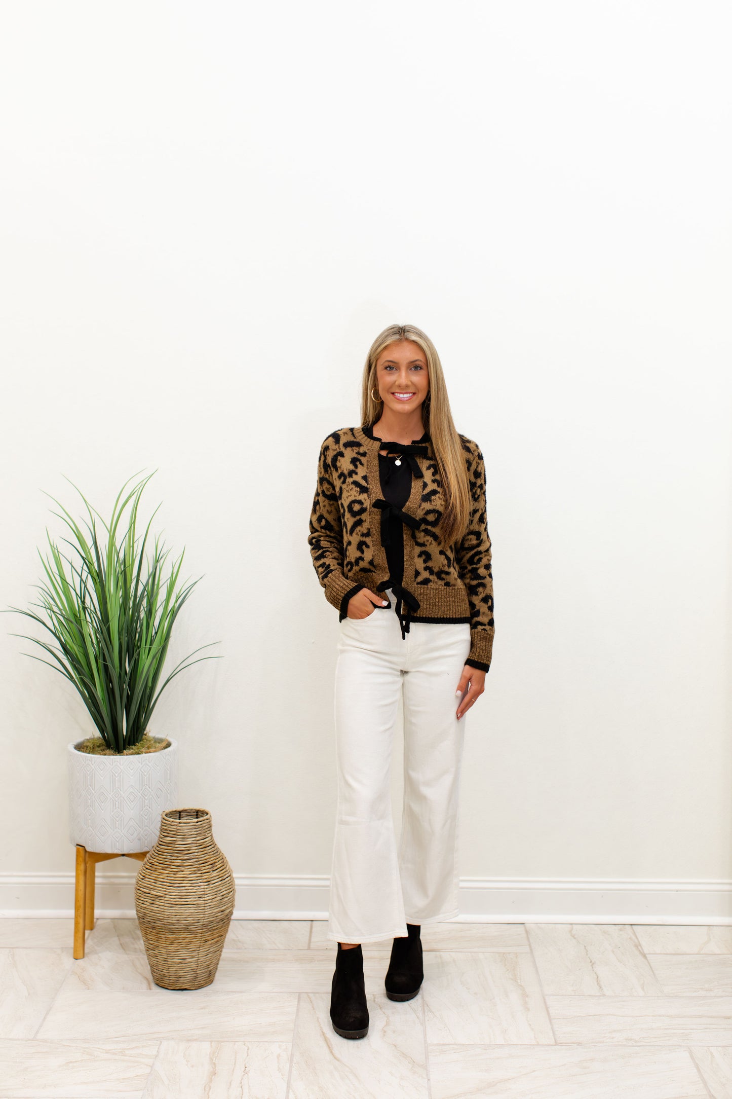 Cheetah Bow Tie Front Jacquard Cardigan