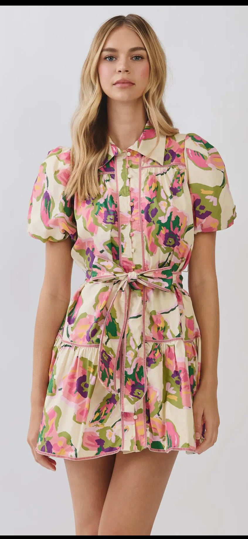 Floral Print Puff Sleeve Belted Dress