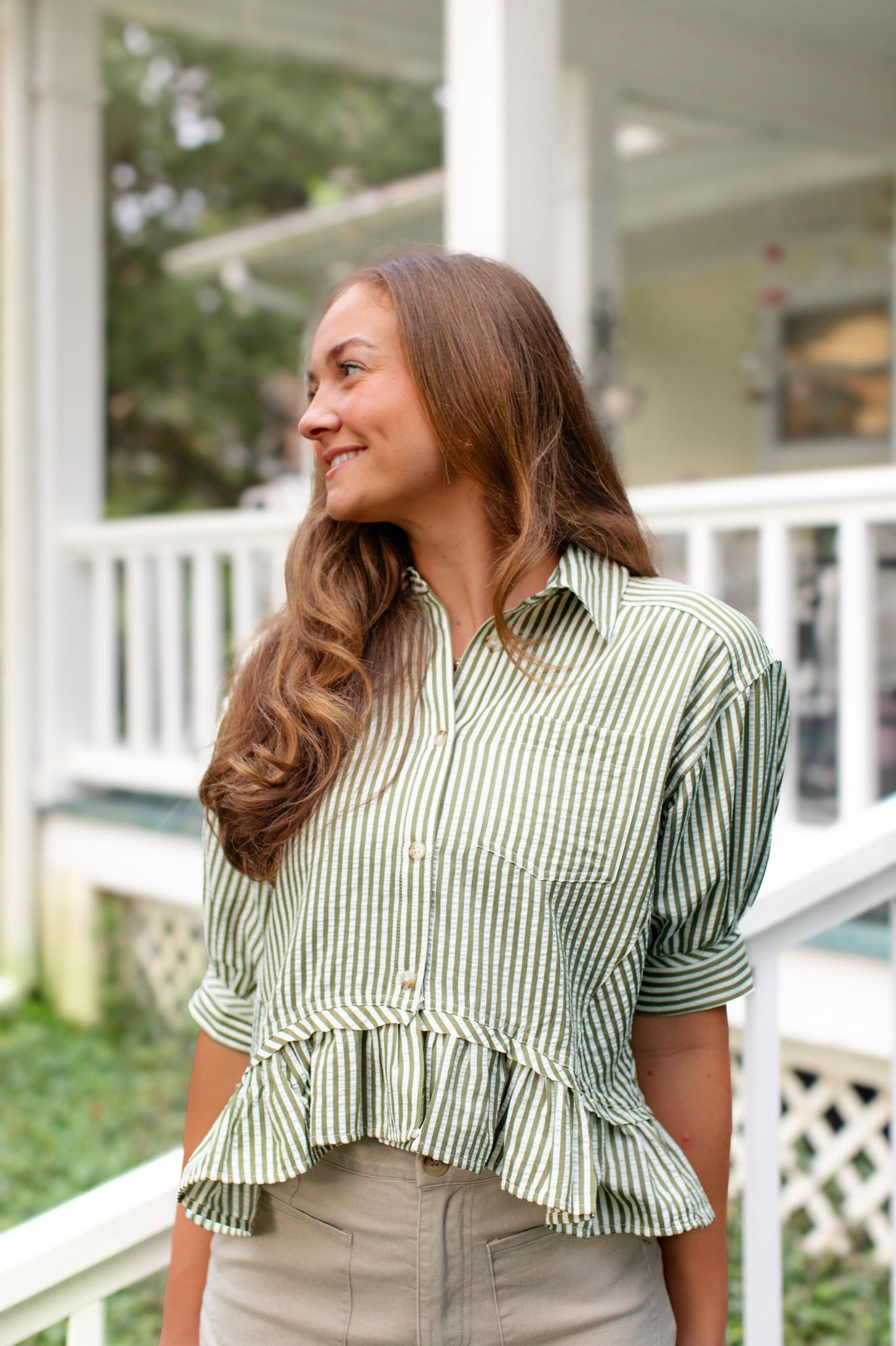 Olive Stripe Collard Ruffle Hem Top