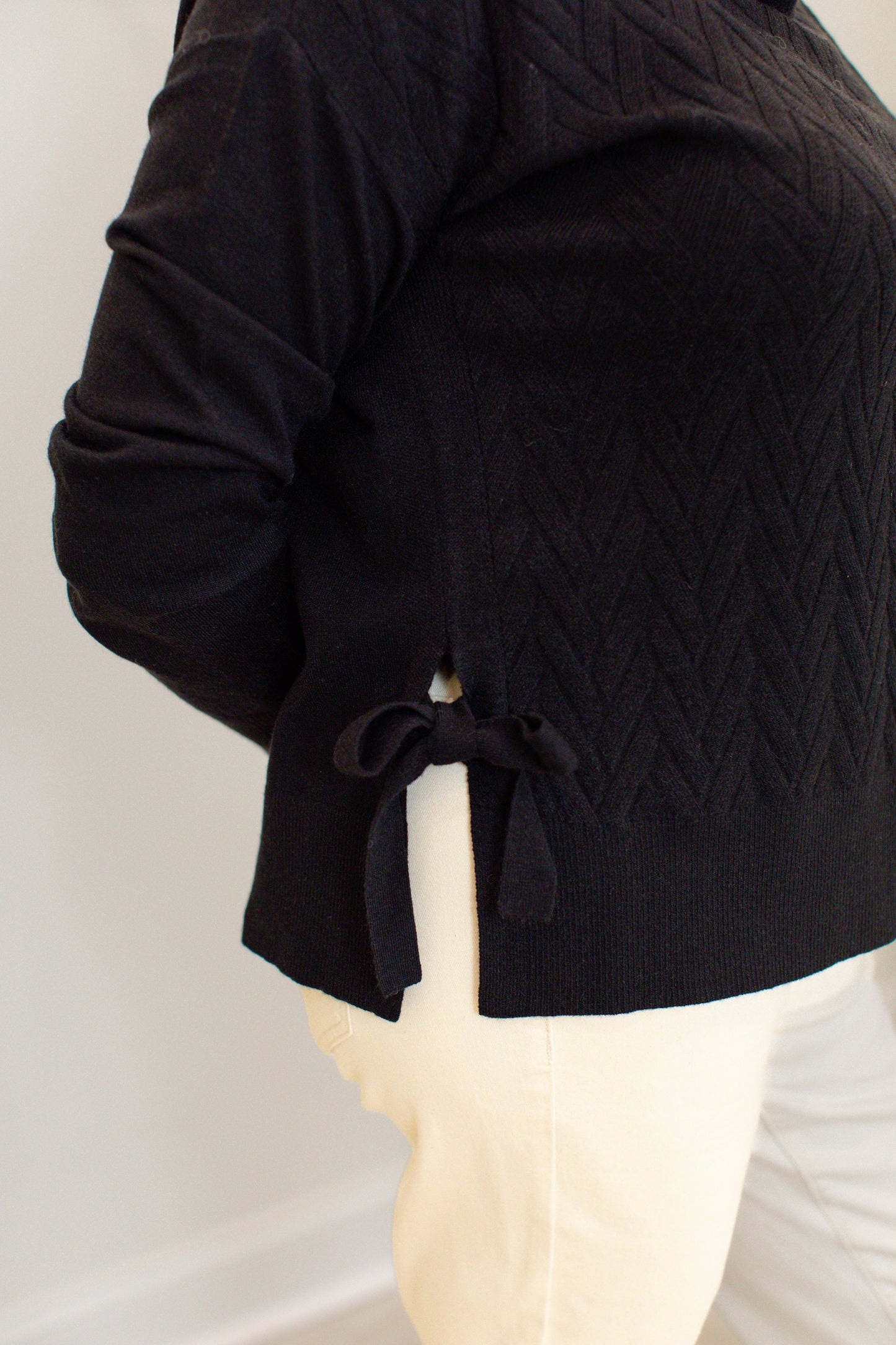 Black Cowl Neck Sweater Side Slit and Tie Details