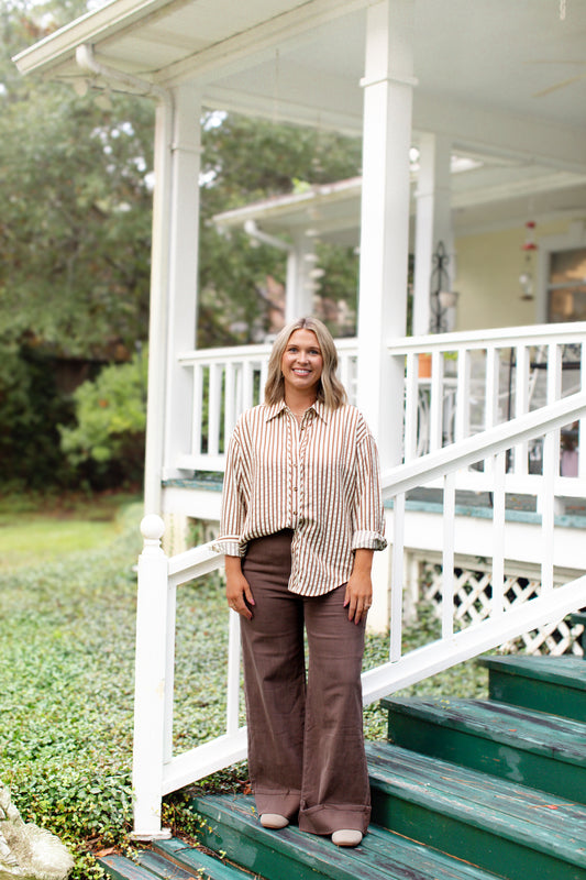 Brown And Cream Stripe Button Down Collard Shirt