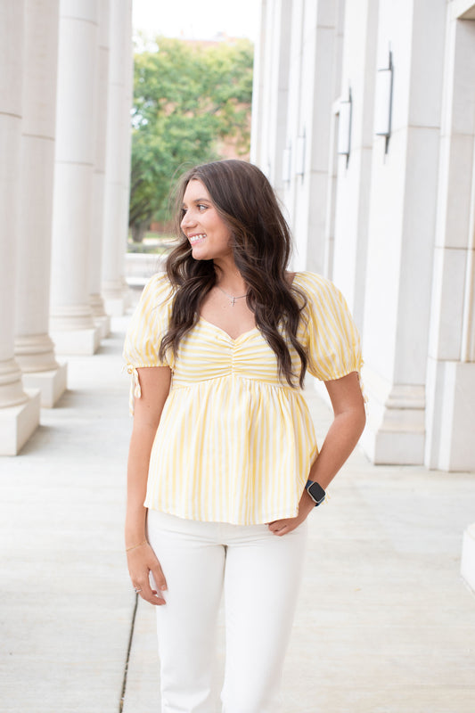 Lemon Stripe Smocked Babydoll Top