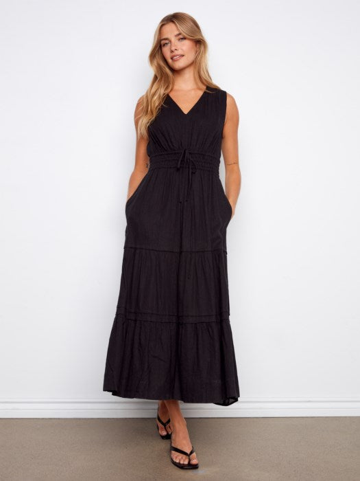 V-Neck Multi-Tiered Long Linen Dress-Black