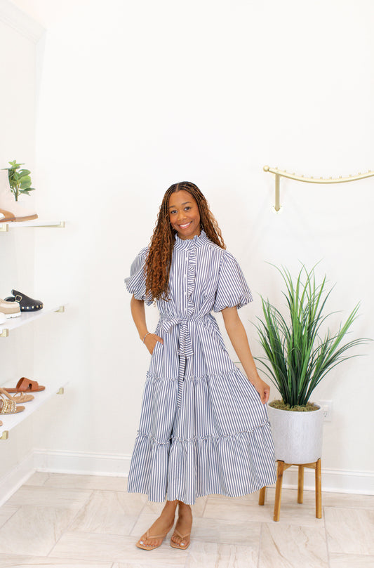 Navy Striped Ruffled Button Down Midi Dress