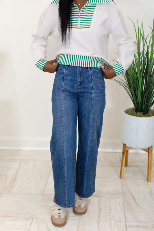 High Rise Seamed Wide Leg Ankle - Dark Wash