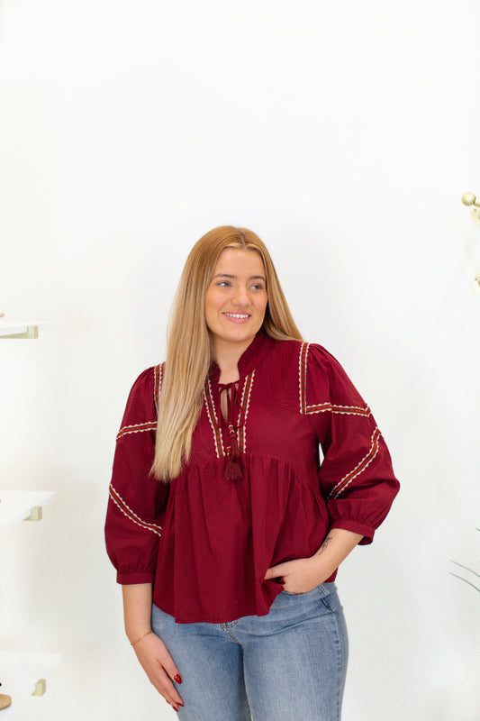 Burgundy Embroidered Trim Babydoll Blouse