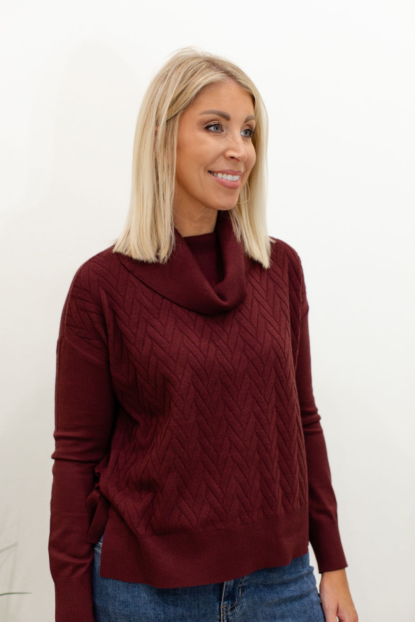 Cabernet Cowl Neck Sweater  With Side Slit And Tie details