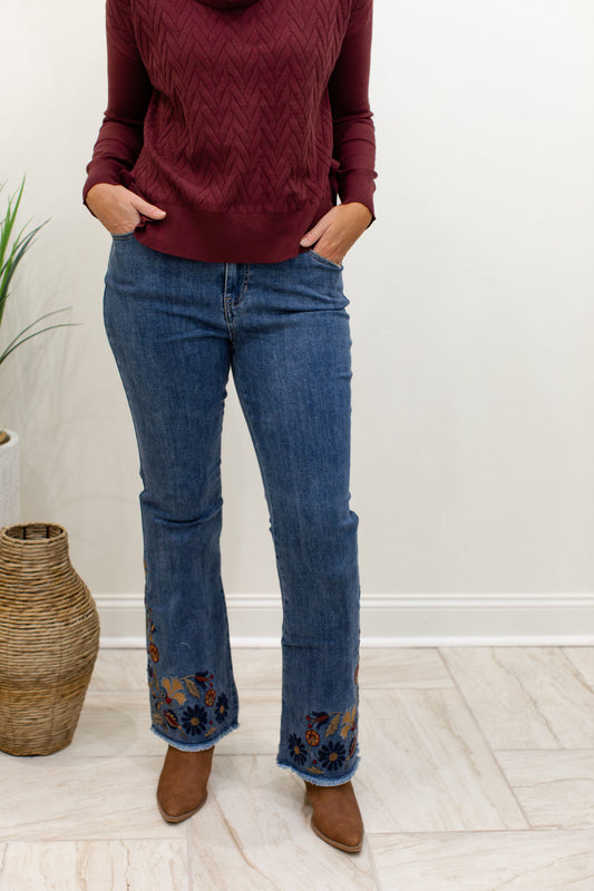 Flare Leg Stretch Denim Pant w/ Embroidery