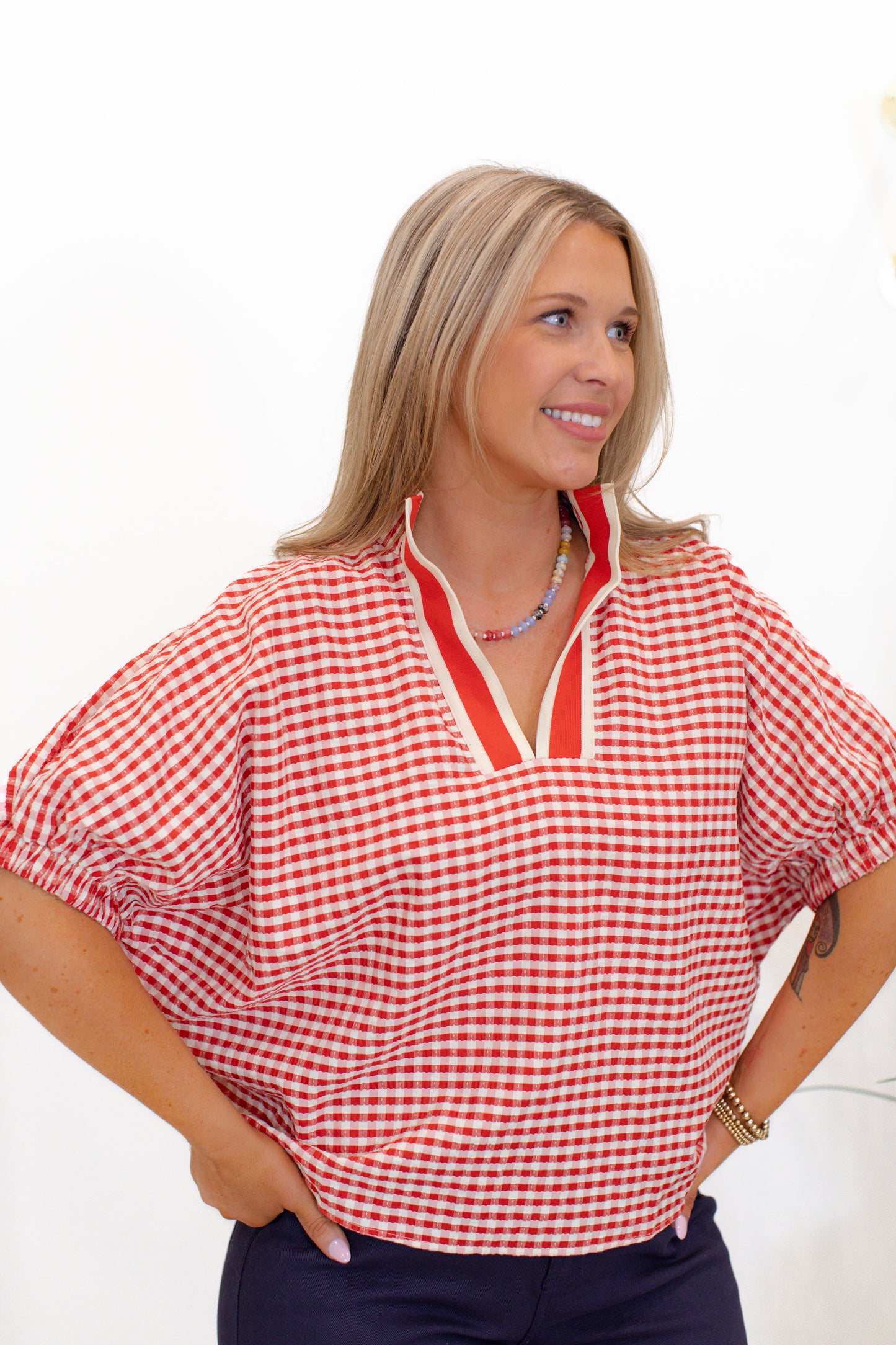 Red Gingham Short Dolman Sleeve Top