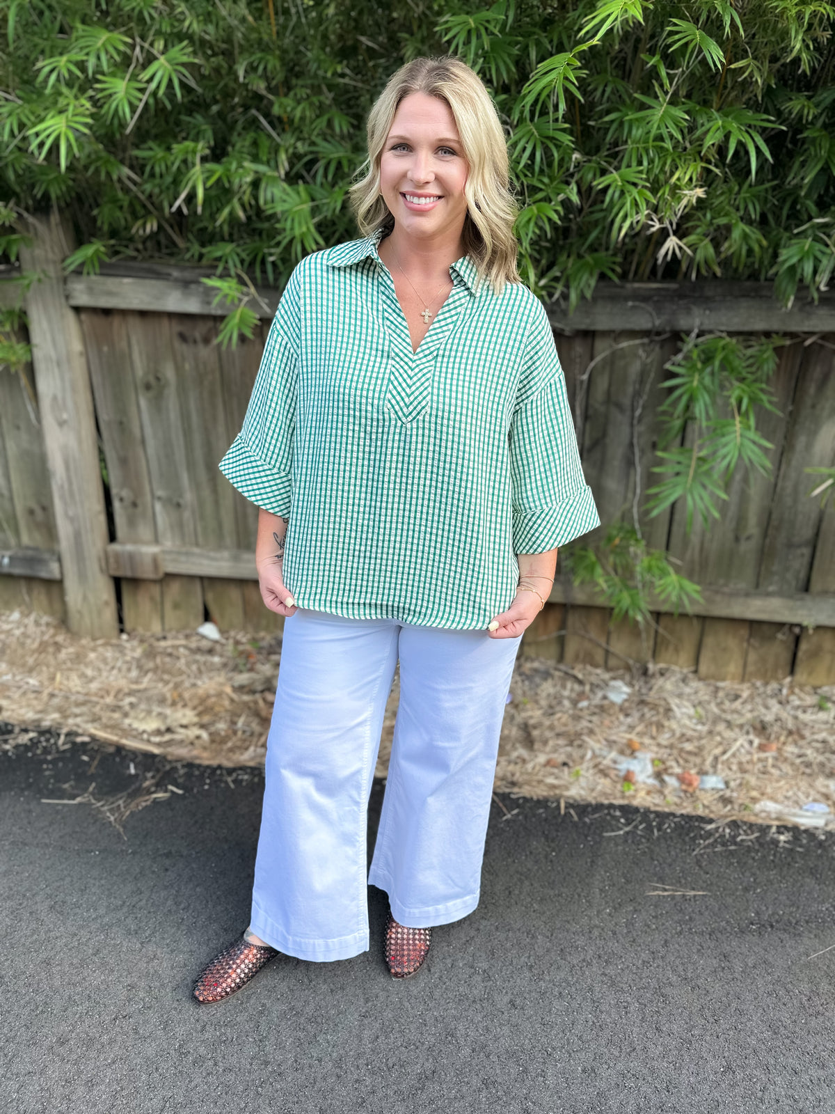 Green Gingham 3/4 Sleeve Top With V-Neck Collar
