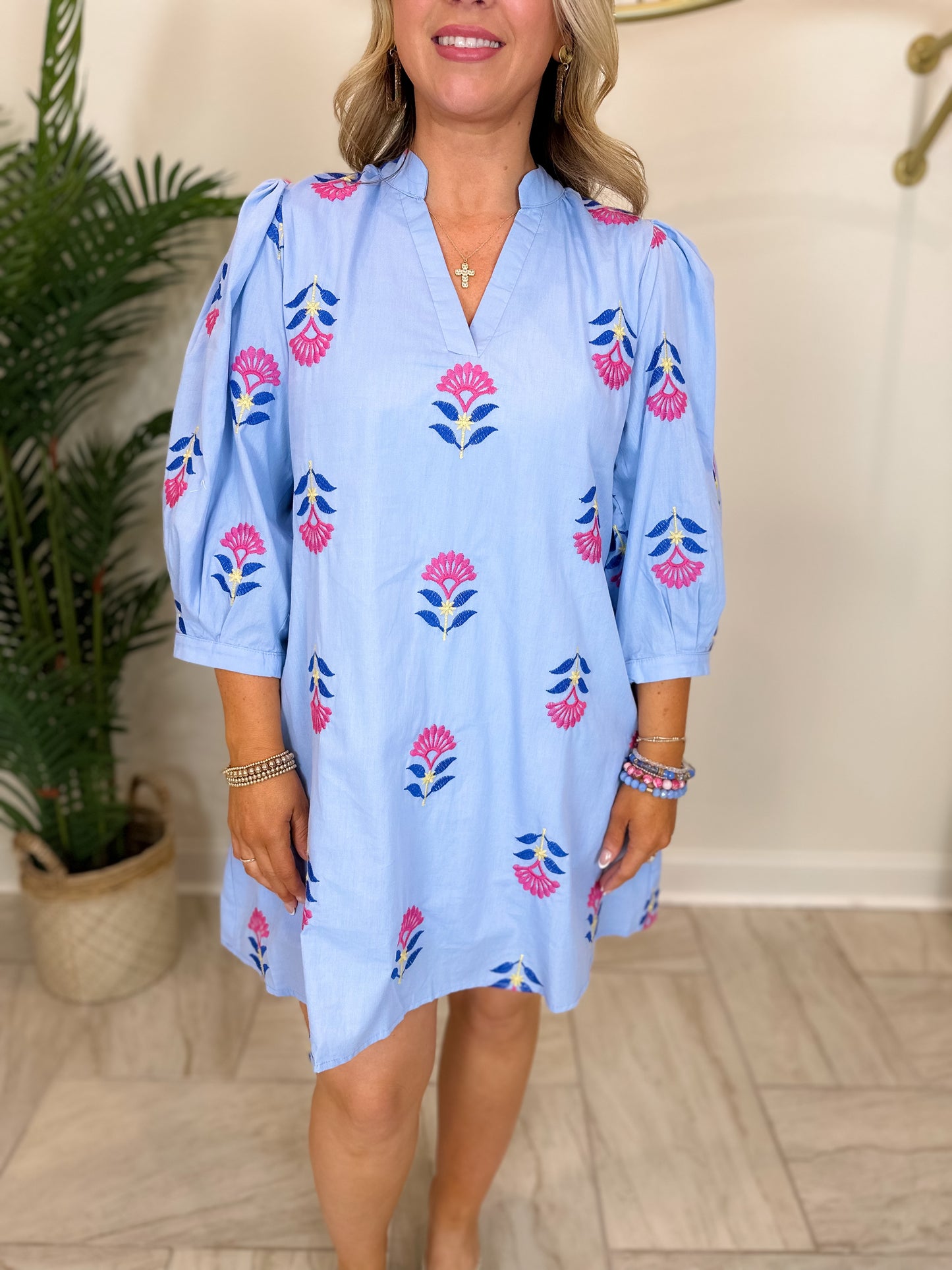 Embroidered 3/4 Puff Sleeve Mini Dress Featuring Split V-neck Band Collar
