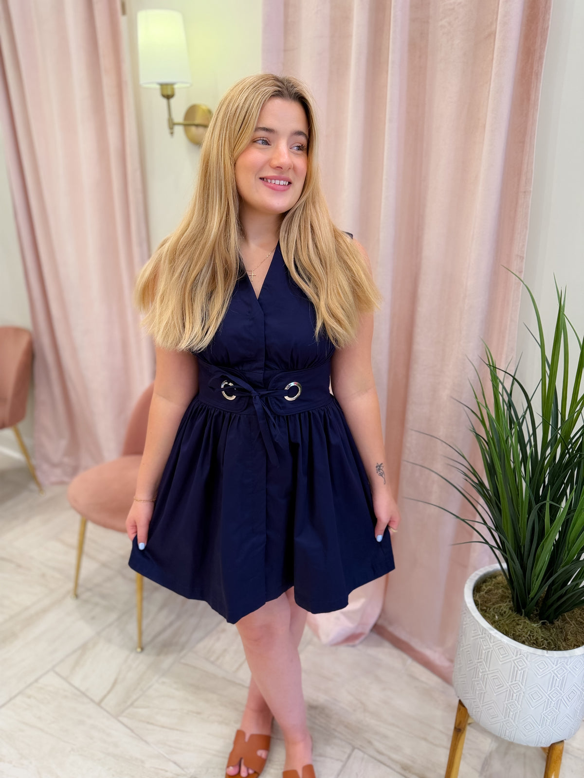 Navy Sleeveless Belt Mini Dress
