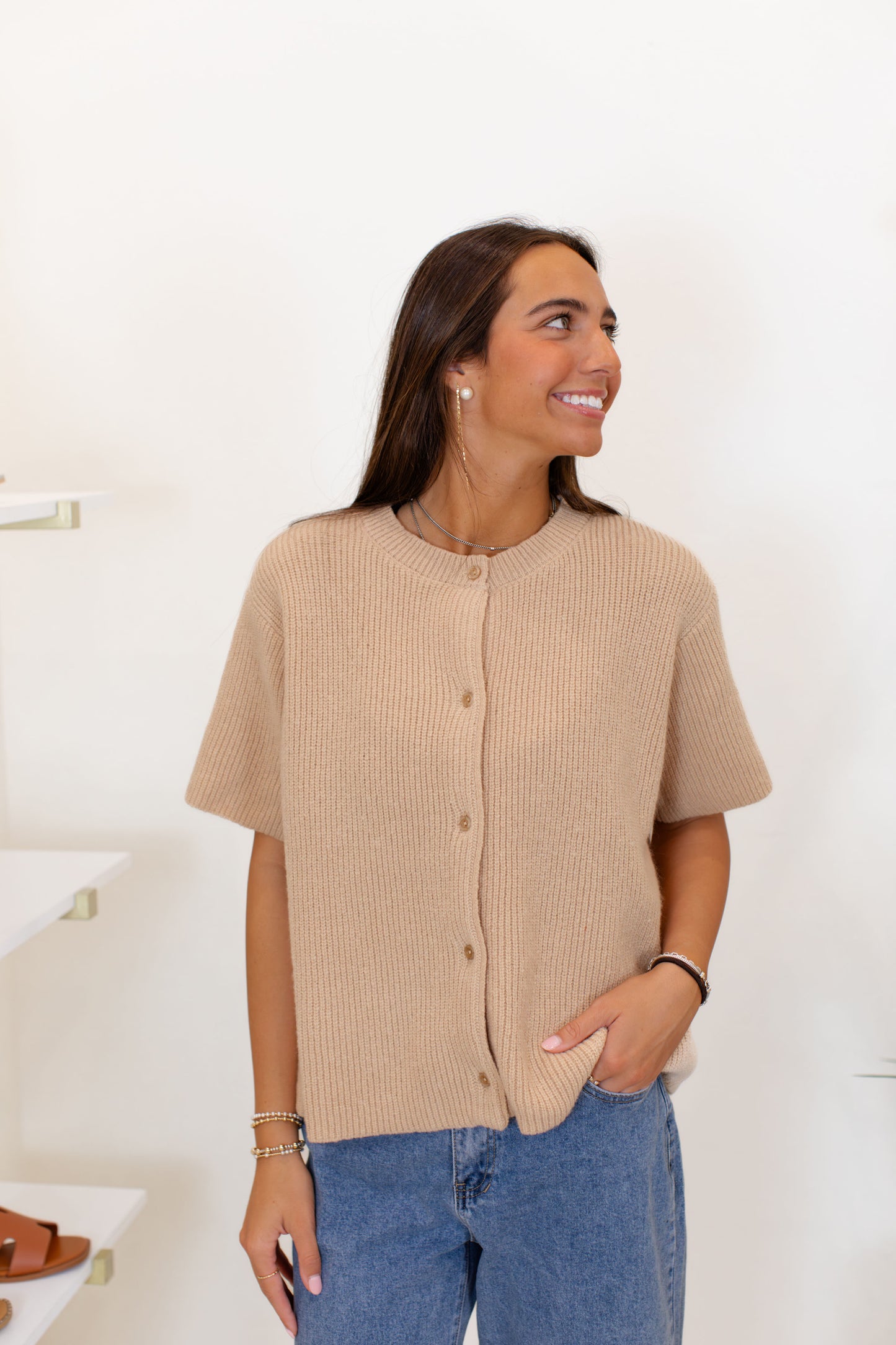 Round Neck Short Sleeve Cardigan