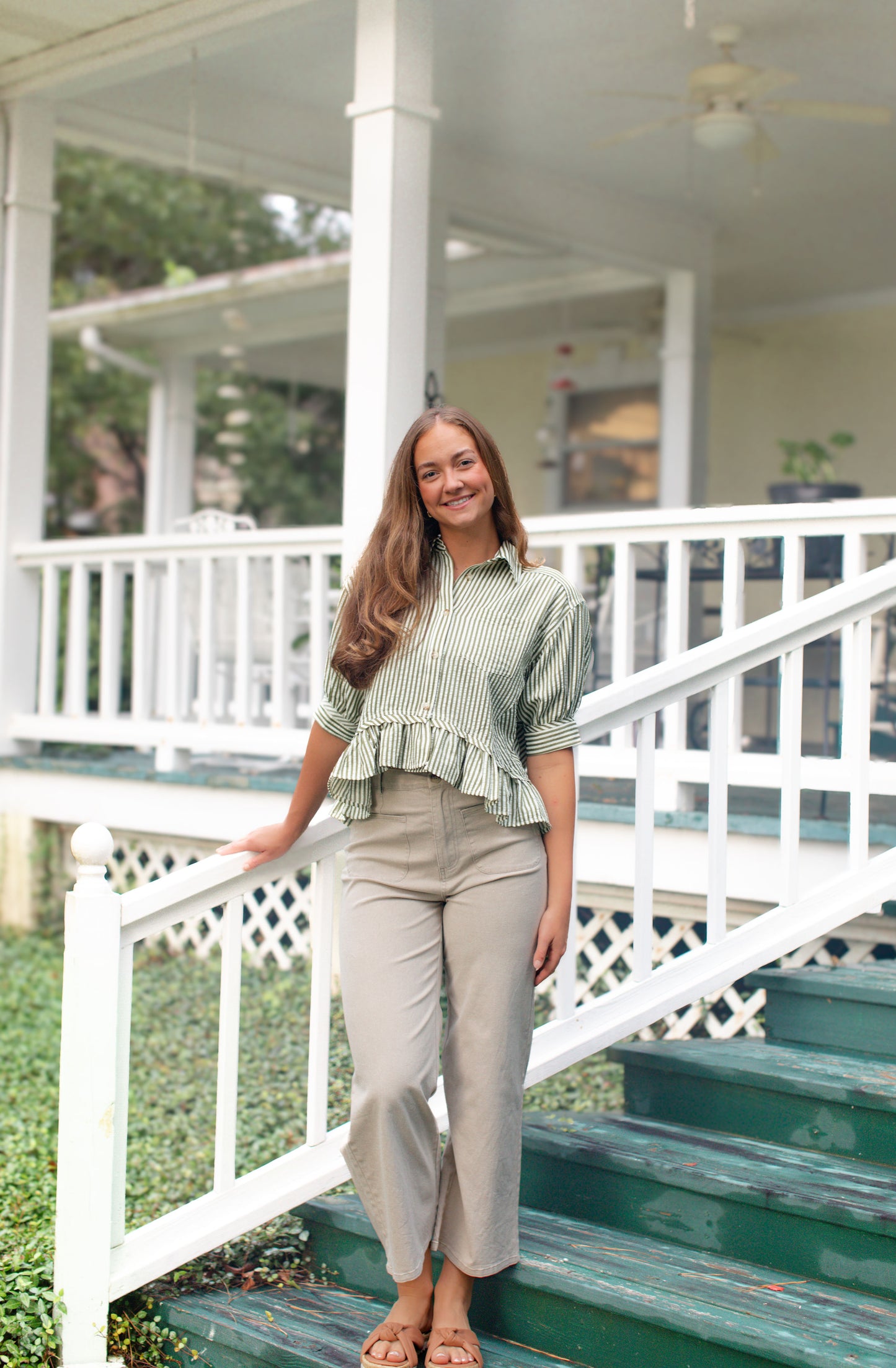 Olive Stripe Collard Ruffle Hem Top