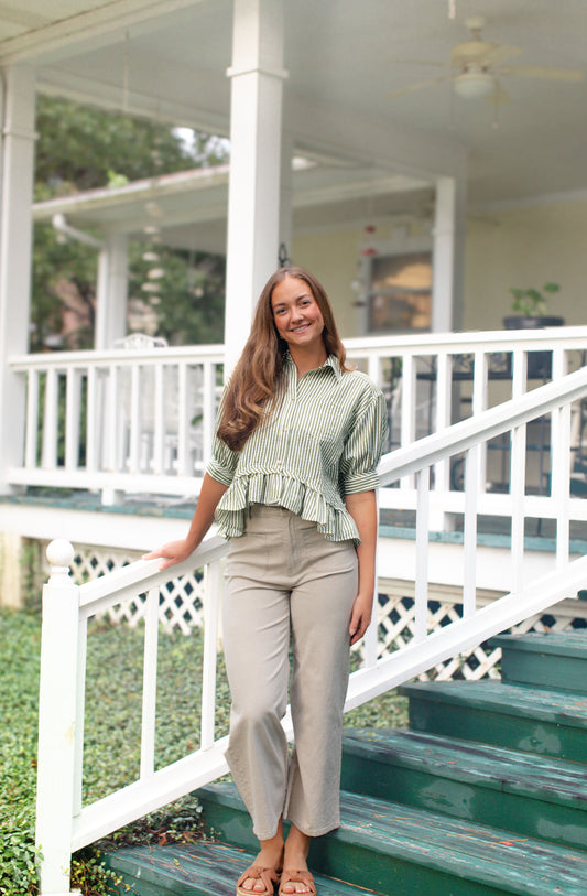 Olive Stripe Collard Ruffle Hem Top