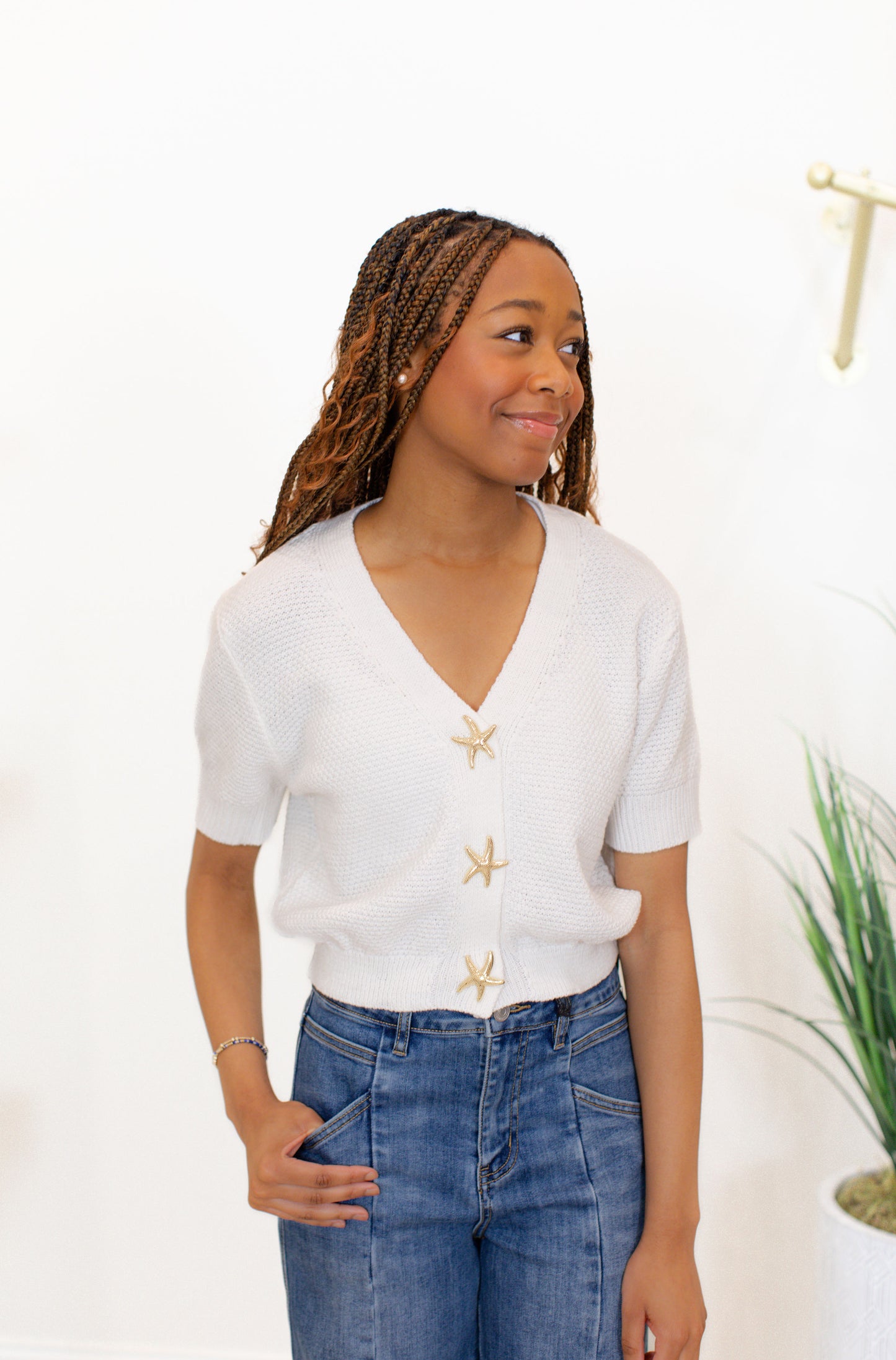 Knit Top With Starfish Button Closure - Off White