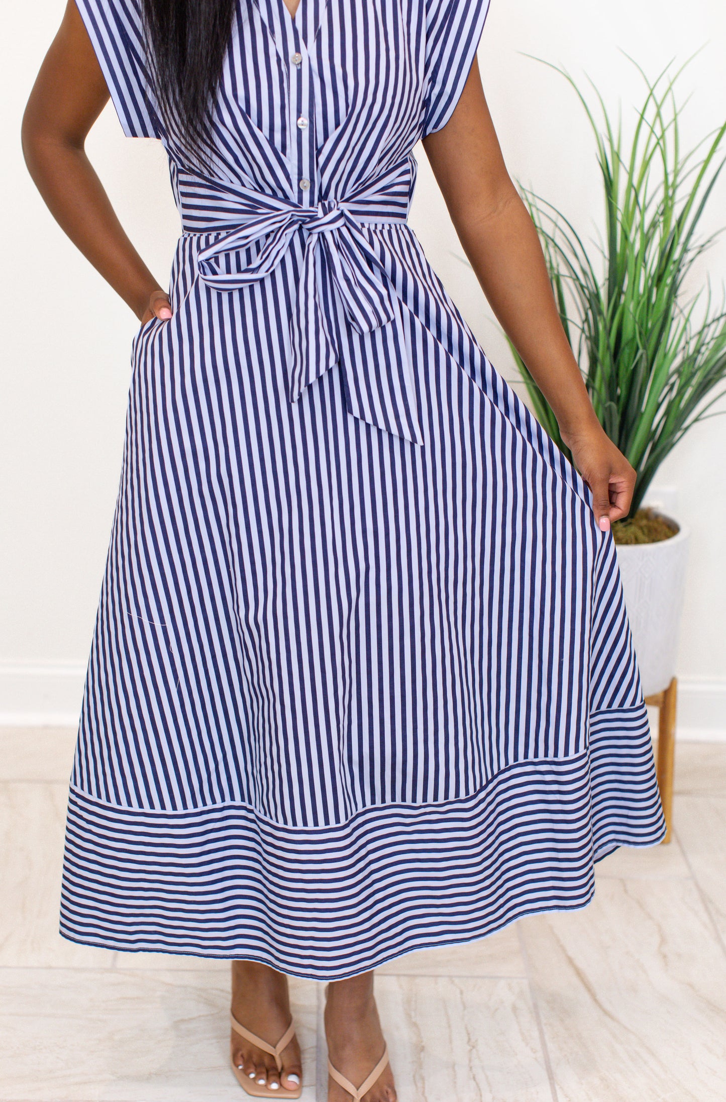 Striped Cap Sleeve Midi Dress - Blue