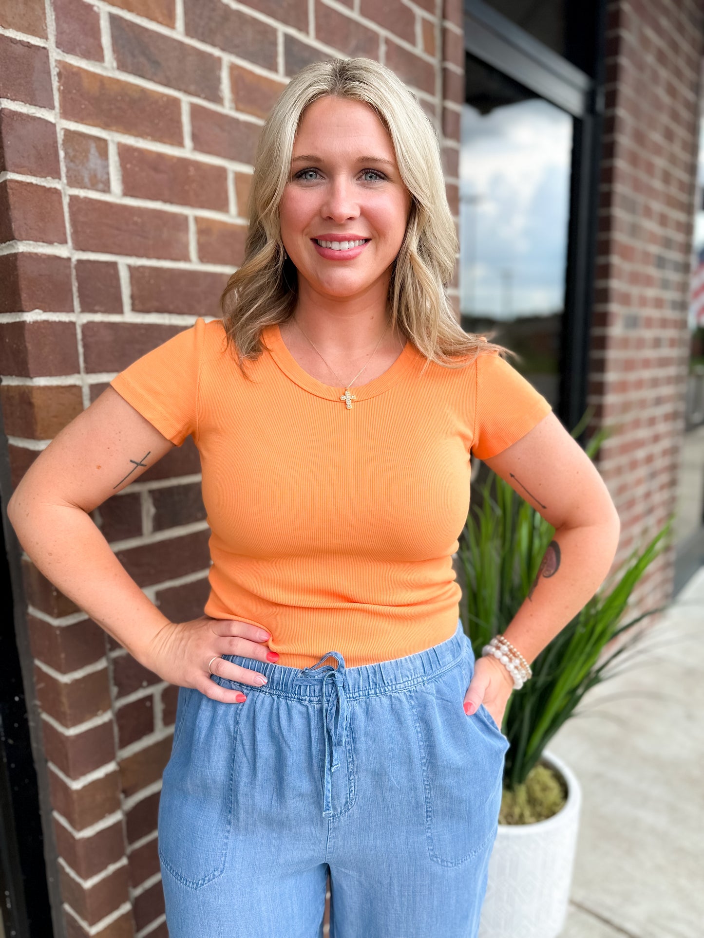 Tencel Rib Crew Neck T-Shirt - Orange