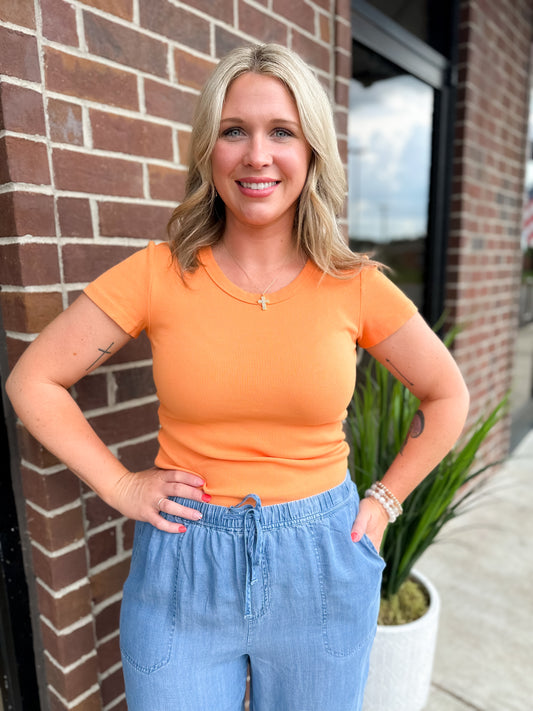 Tencel Rib Crew Neck T-Shirt - Orange