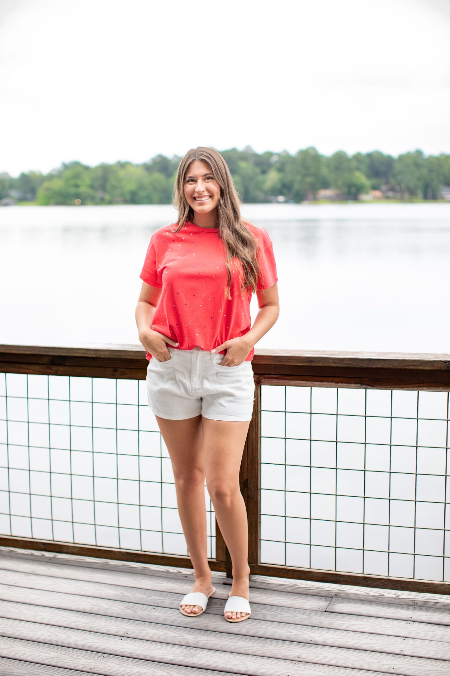 Red Short Sleeve Top With Red White Blue Rhinestones