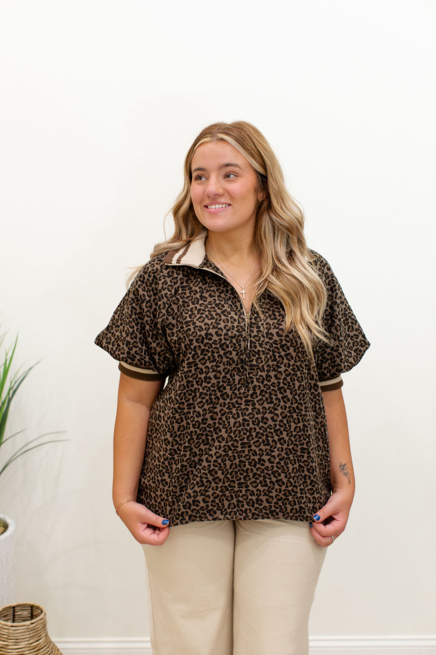 Collard Half Zip Cheetah Top