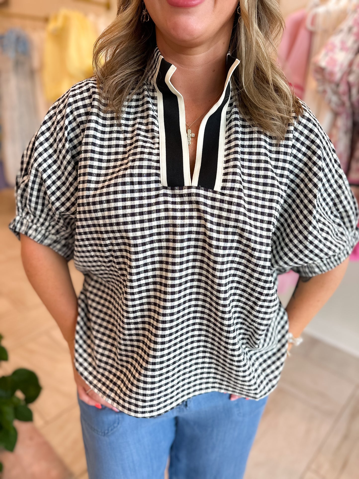 Gingham Short Dolman Sleeve Top  - Black