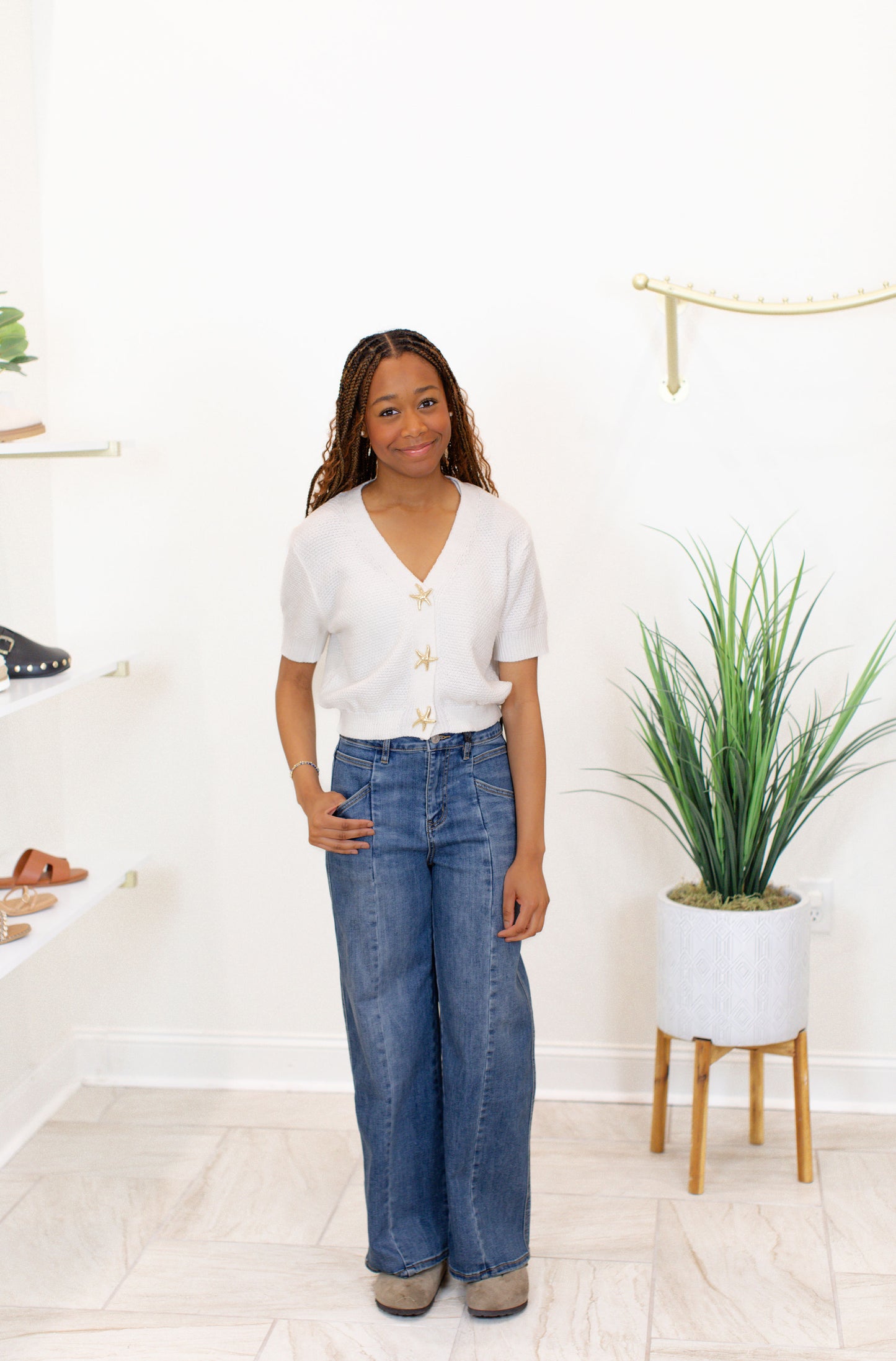 Knit Top With Starfish Button Closure - Off White