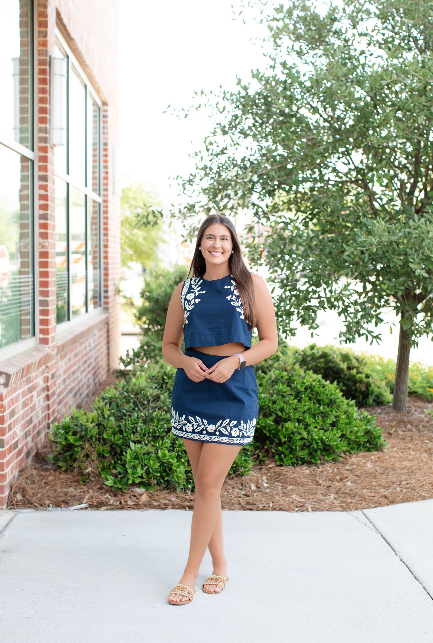 Embroidered Navy Crop Top And Mini Skirt Set