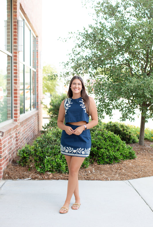 Embroidered Navy Crop Top And Mini Skirt Set