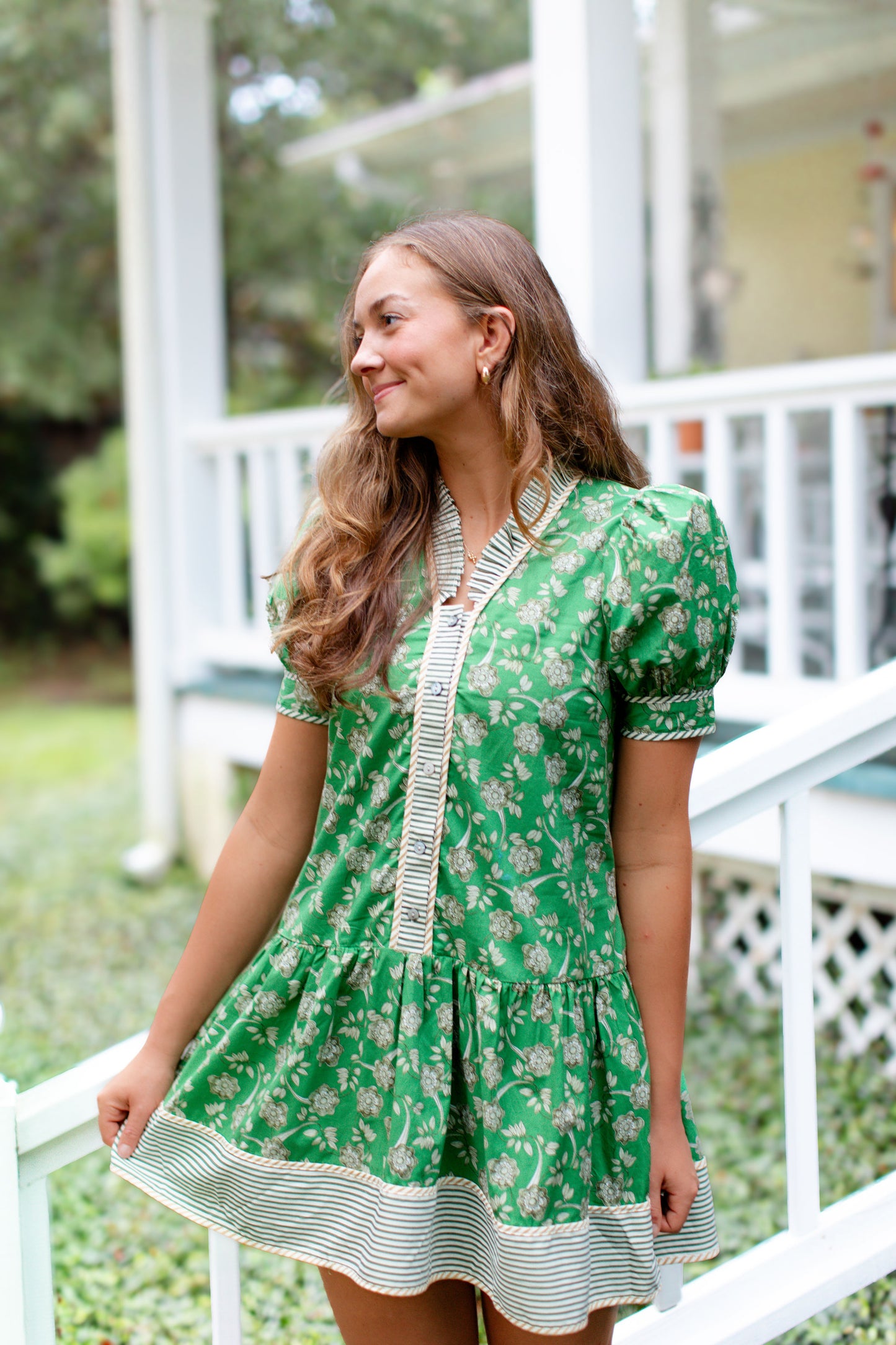 Green Floral V-Neck Ruffle Collard Dress