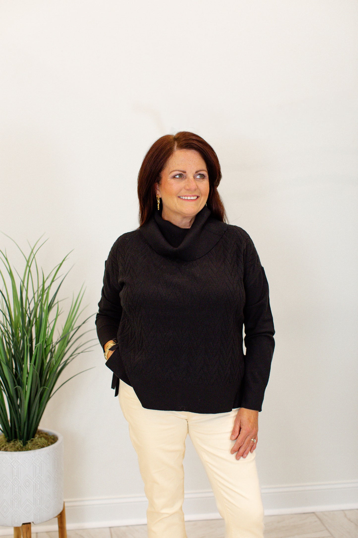 Black Cowl Neck Sweater Side Slit and Tie Details