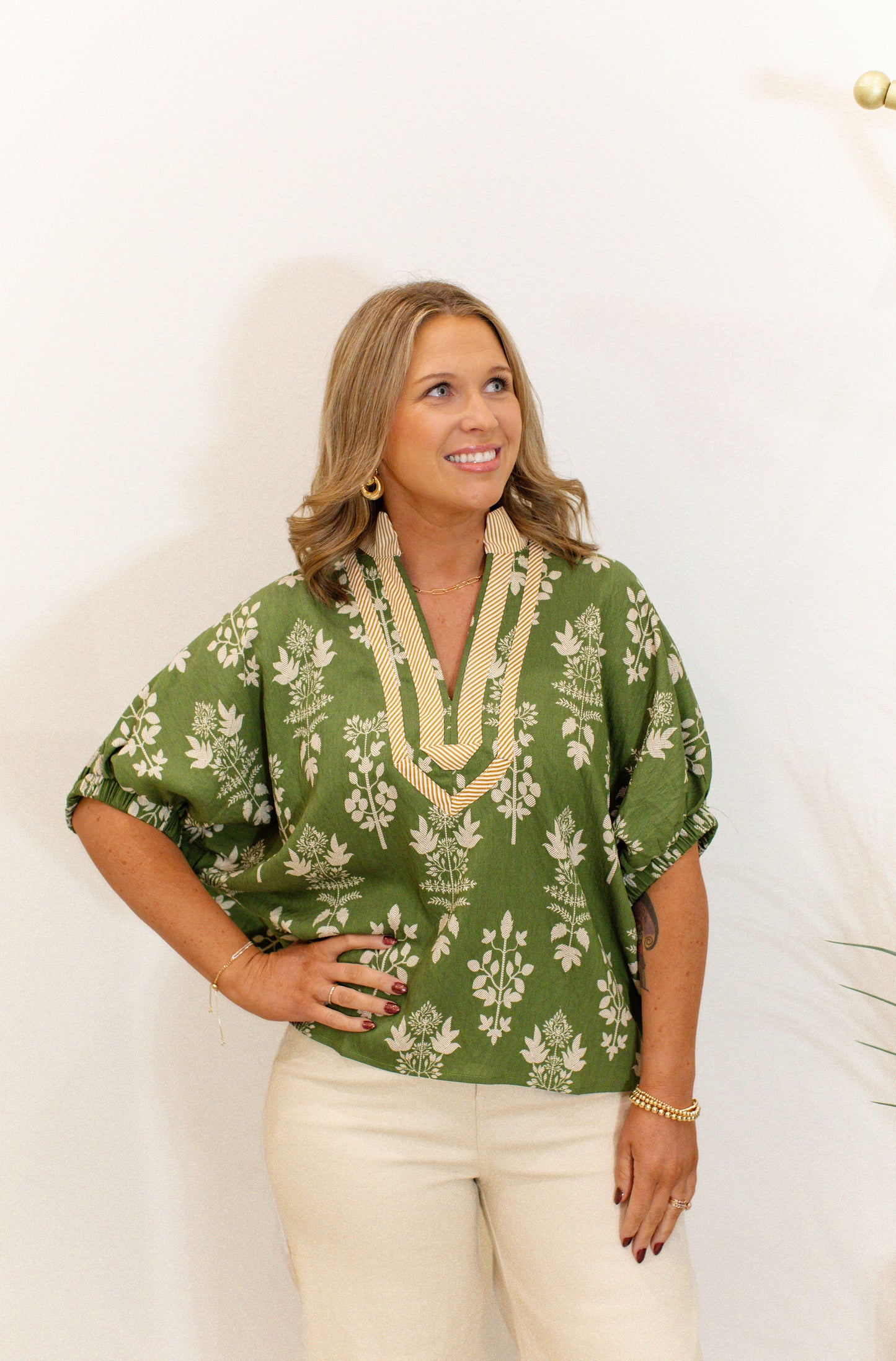 Olive V-Neck Floral Top