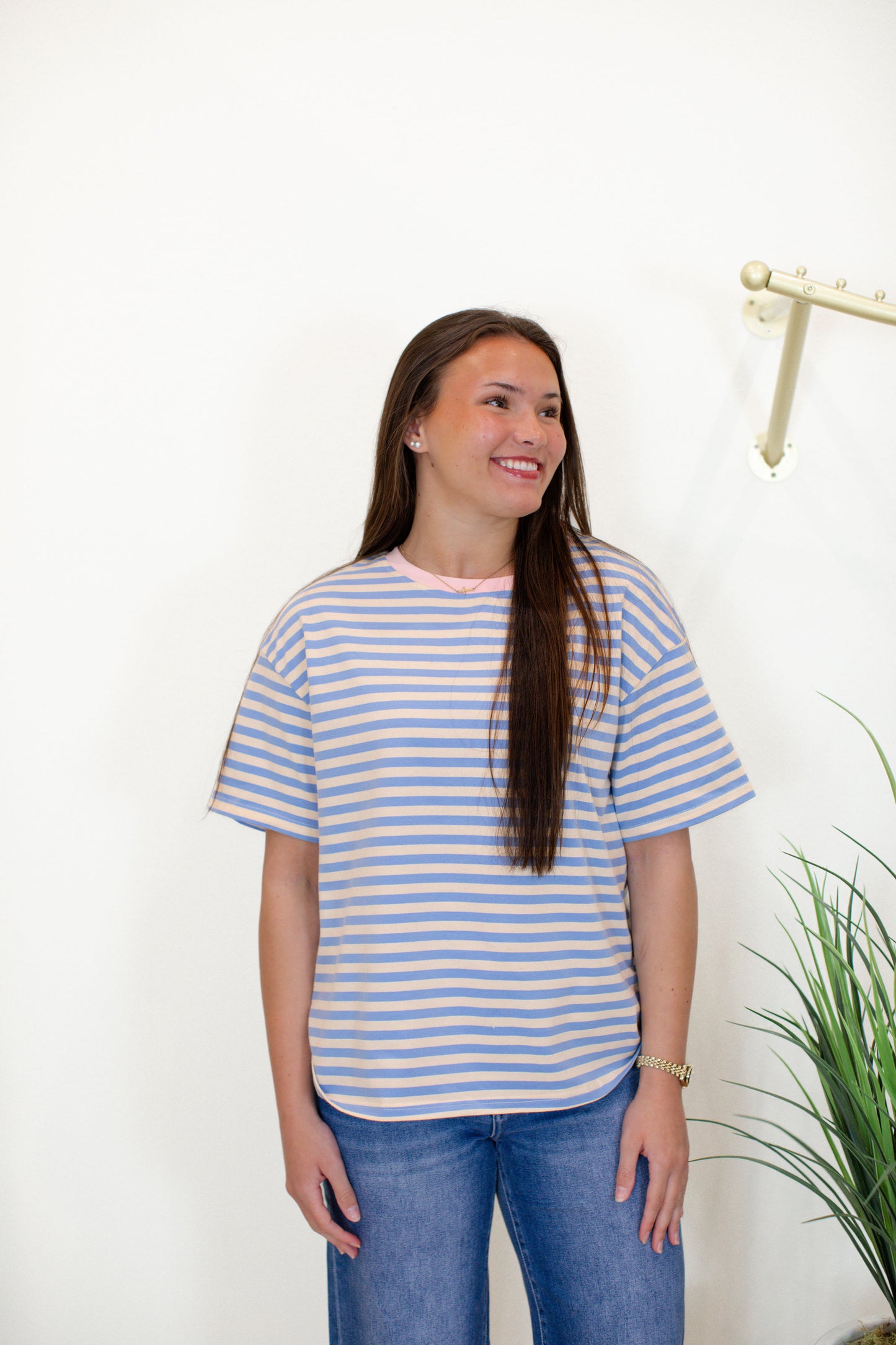 Sky Blue Stripe Contrast Drop Shoulder Loose Tee