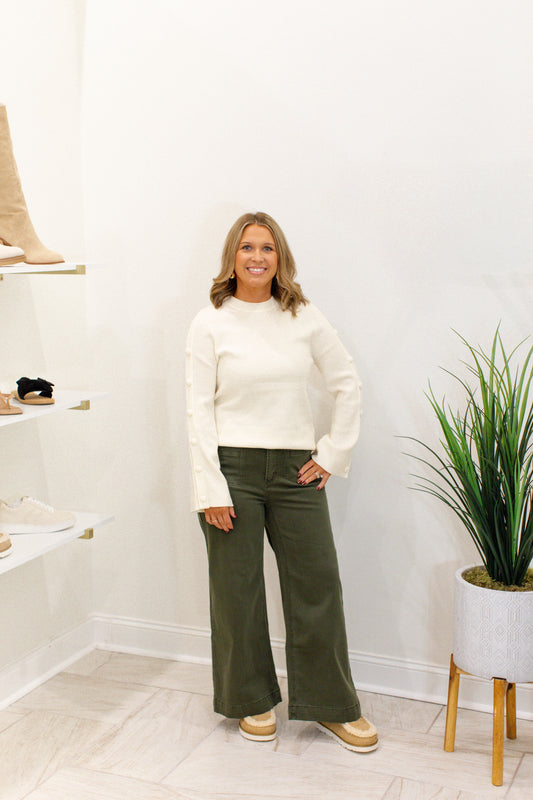 Ecru Long Sleeve Ribbed Crew Neck Sweater With Button Details