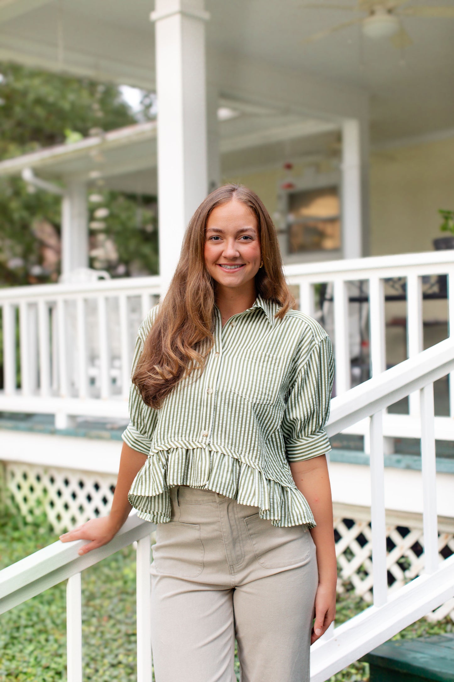 Olive Stripe Collard Ruffle Hem Top